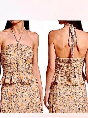 VERONICA BEARD Arienne Ruched Silk Paisley Bustier Peplum Crop Top 8 MSRP $400